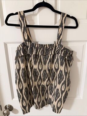 J. Crew Ikat Print Ruffle Flounce Tank Top Charcoal Gray/Ecru Boho Size 4